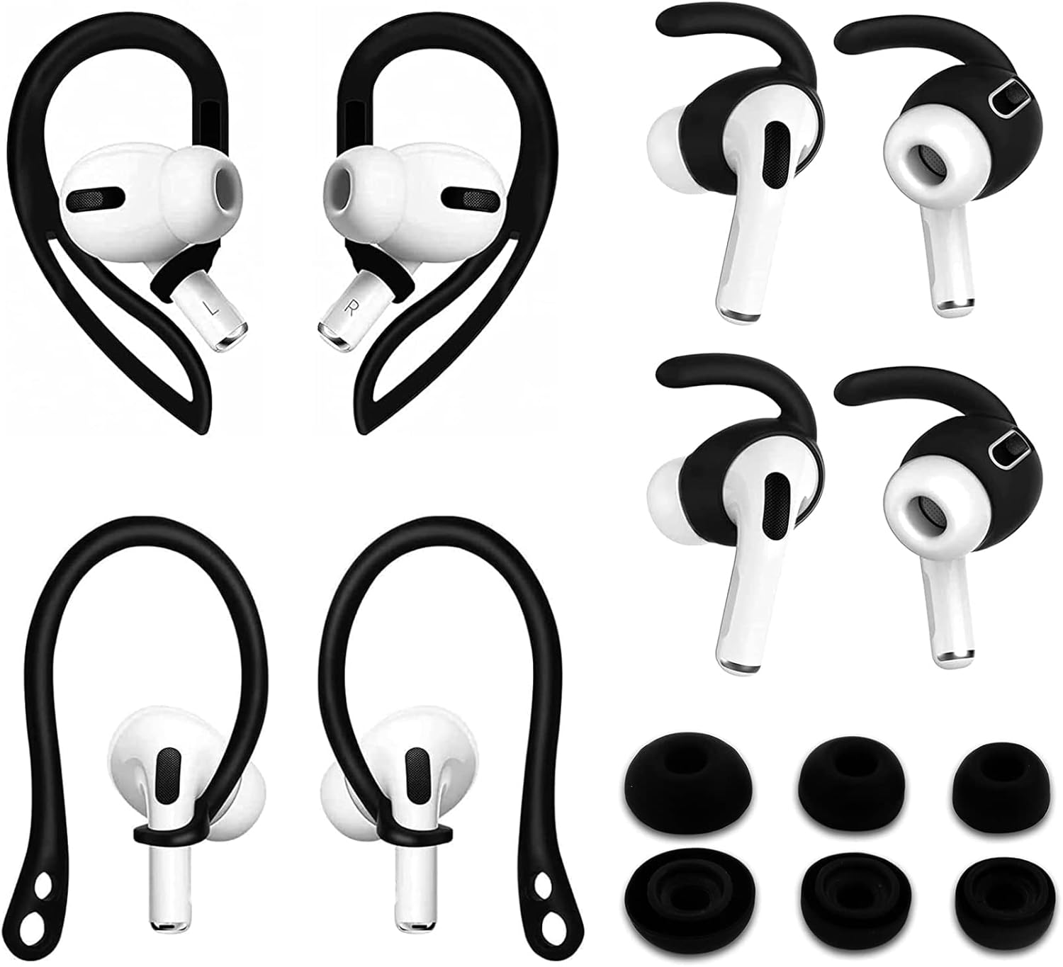 ALXCD Eartips & Earhooks Compatible with AirPods Pro, Over-Ear 2 Pairs TPU Ear Hook & 2 Pairs Anti Slip Silicone Ear Hooks & 3 Pairs S/M/L in-Ear Tips, Compatible with AirPods Pro 1+1+2S+3 Black