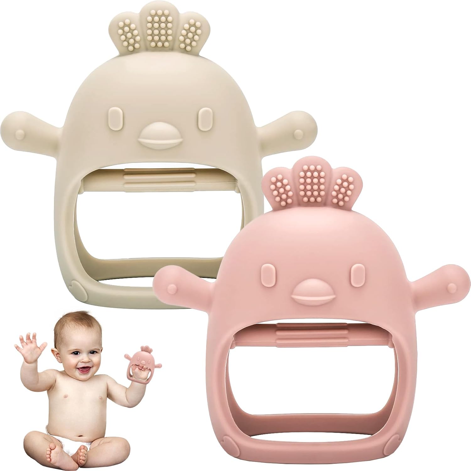 2 Pack Teething Toys for Baby, Teething Mitten for Babies, Toys 0-6 Months, Silicone Teether for Toddler Infant, Baby Boy Girl Shower Gifts Teething Relief Chew Toys (Chicken, Beige + Pink)