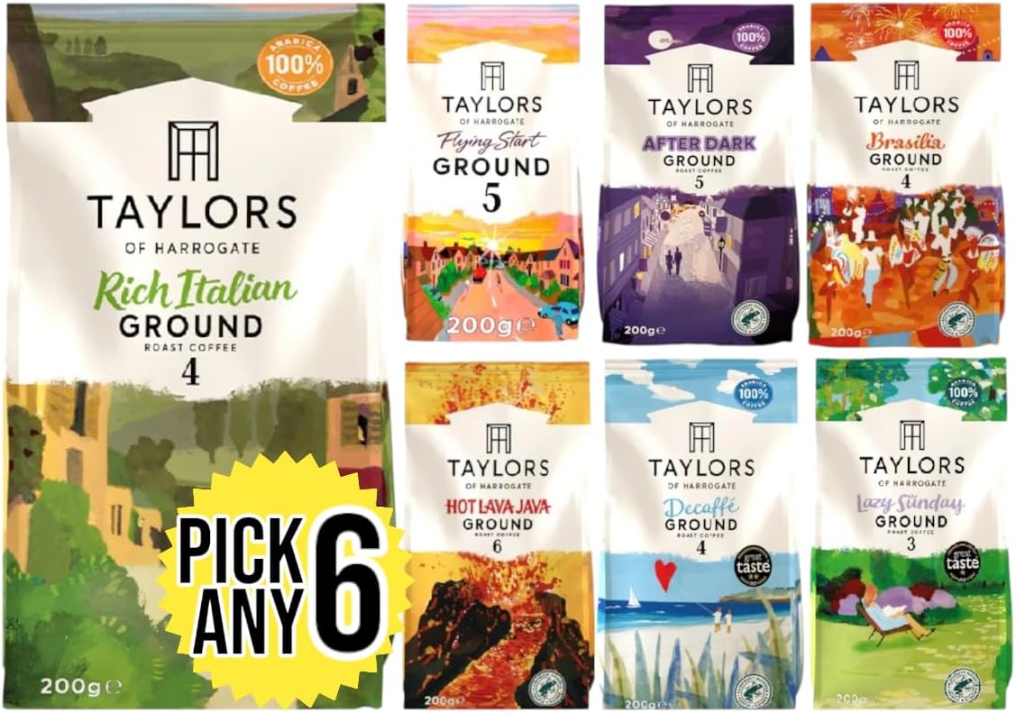 Taylors of Harrogate Ground Coffee (Each Pack 200g) Pick Any 6 from 7+ Flavours Inc. Rich Italian, After Dark, Hot Lava Java, Decaf, Lazy Sunday, Flying Start and Brasilia