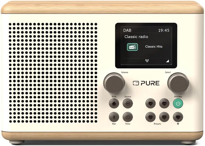 Pure Classic H4 Digital Kitchen Radio (DAB+/FM, Bluetooth, USB, AUX, Kitchen Timer, Alarm), Cotton White/Oak