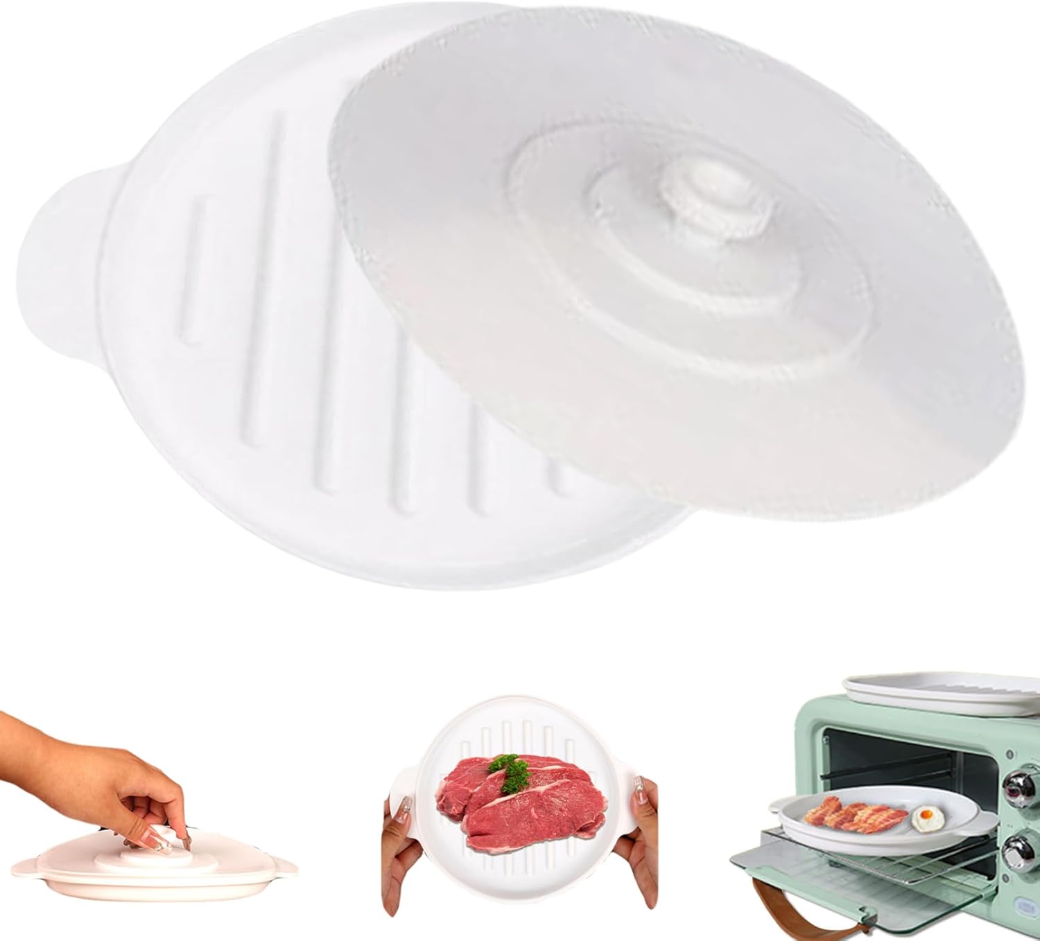 Microwave Bacon Tray with Lid 9.5x7.8 Inch Round Silicone Baking Pan Heat-Resistant Bacon Tray with Dual Ears for Cooking Roasting Steaming