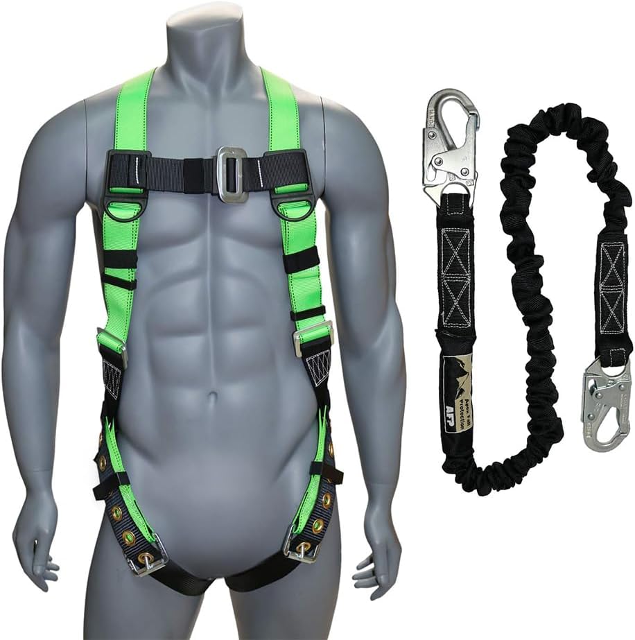 AFP Universal Full-Body Safety Harness w/Dorsal D-Ring Tongue Buckle Legs High-Viz Green, Shock Absorbing Lanyard (OSHA/ANSI)