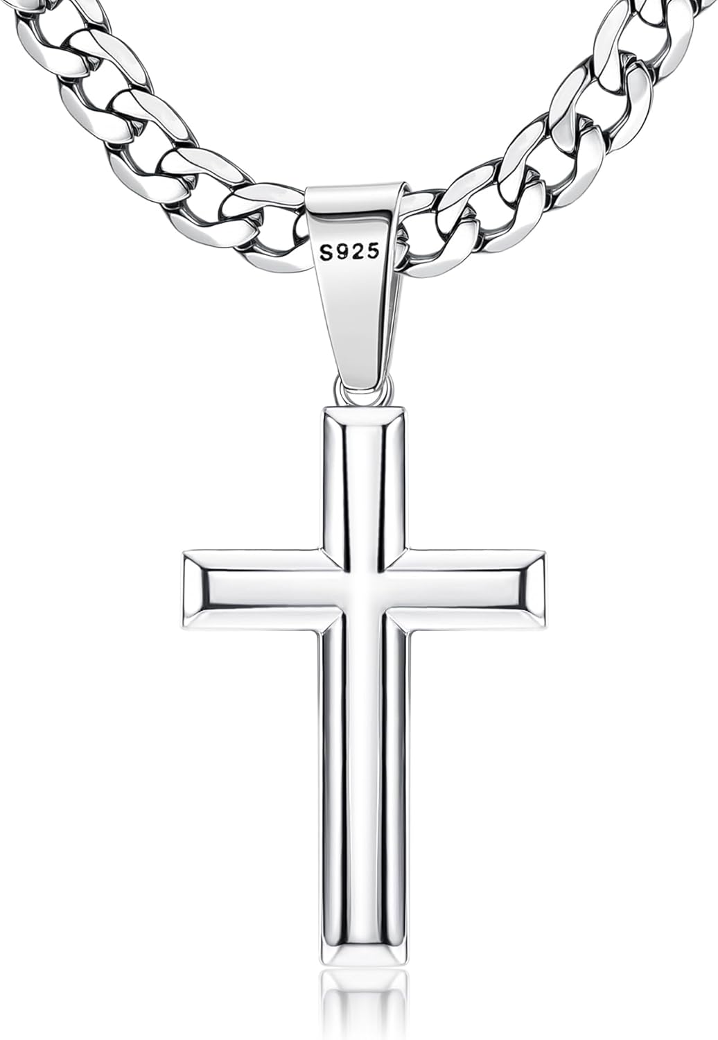 Besteel 925 Sterling Silver Cross Necklace for Men Women 5mm Big Beveled Edge Men's Stainless Steel Diamond Cut Curb Cuban Link Chain Crucifix Cross Pendant Jewelry 16-30 Inches