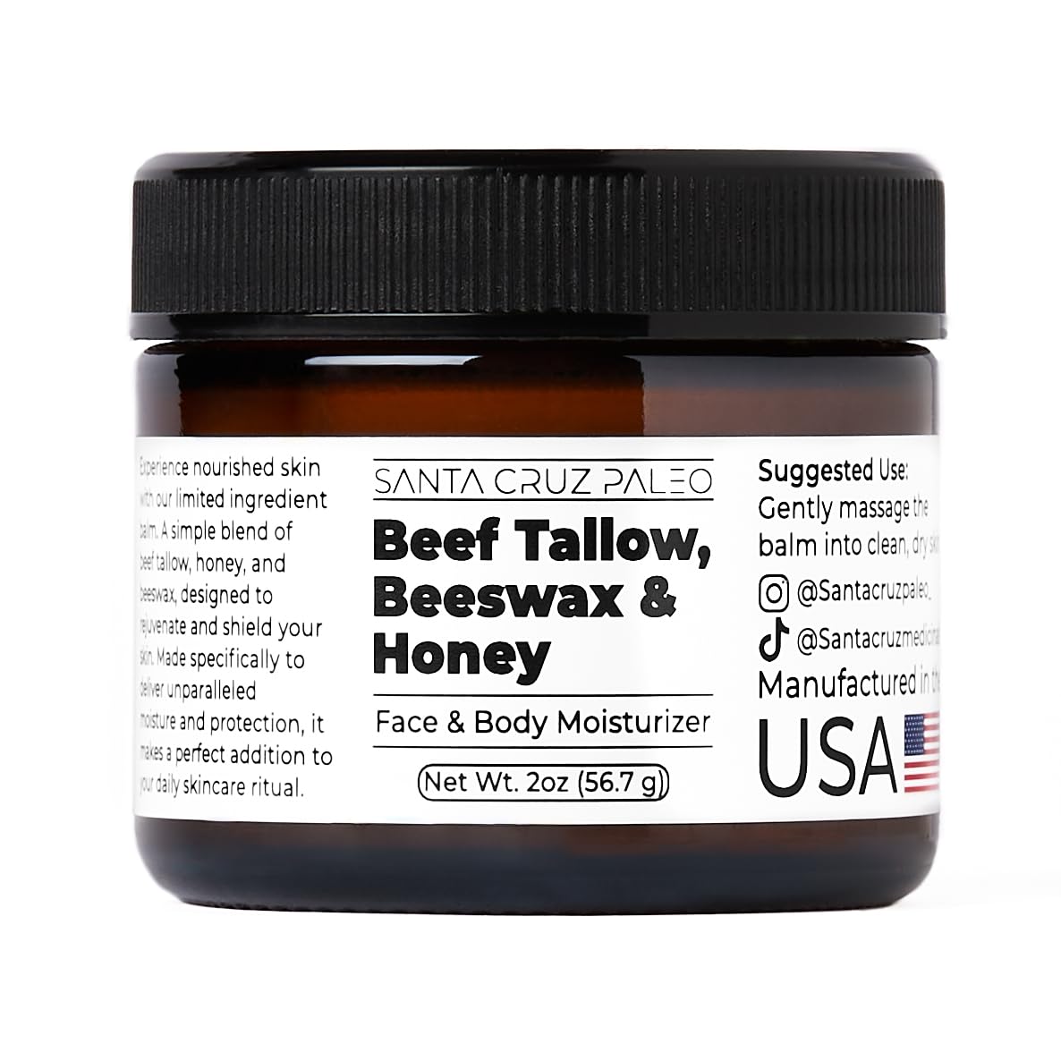 Santa Cruz Paleo Beef Tallow for Skin, Grass Finished & Grass Fed Beef Tallow and Honey Balm Body & Face Moisturizer, Organic Beeswax and Organic Honey, Light Scent, Moisturizing Natural Formula, 2 Oz