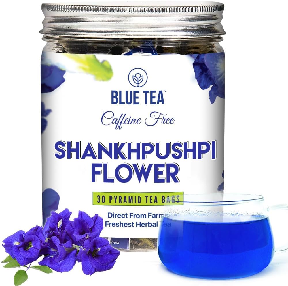 BLUE TEA - Shankhpushpi Flower - 30 Biodegradable Pyramid Tea Bags - Plant Based || Caffeine Free Herbal Tea || Gluten Free, NON-GMO | Premium Pet Jar |