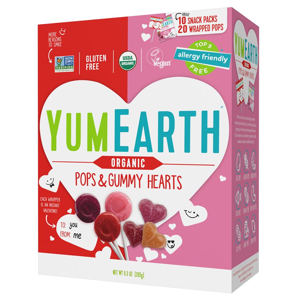 YumEarth Organic Assorted Gummies and Lollipops Valentines, 9.38 Ounce, Allergy Friendly, Gluten Free, Non-GMO, Vegan, No Artificial Flavors or Dyes