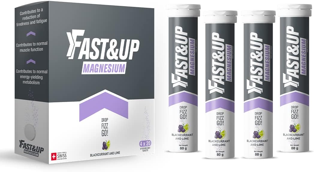 Fast&Up Magnesium - 300mg Magnesium & 10mg Zinc - Saver Multipack - 80 Tablets (4 x 20) - Tasty Blackcurrant & Lime Flavour