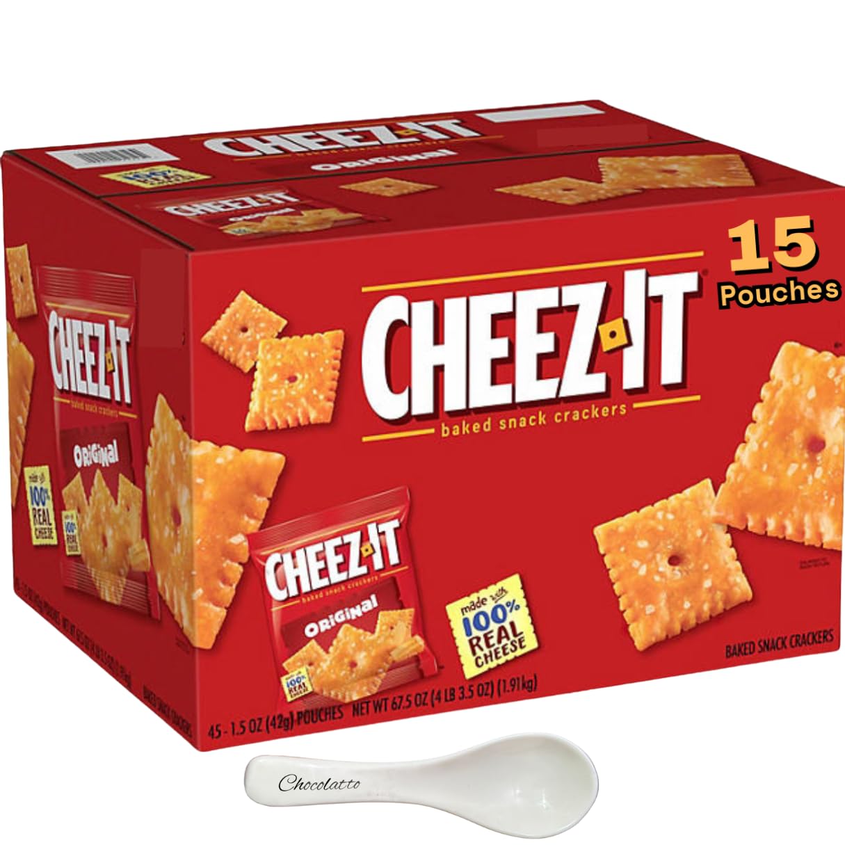 Original Cheez-It, Baked Snack Crackers 1.5 Oz., 15 Pouches - Cheez-It Original Snack Crackers - Cheez-It Baked Snack Crackers - Healthy Snack Bulk (Chocolatto Tradmark Spoon Included)