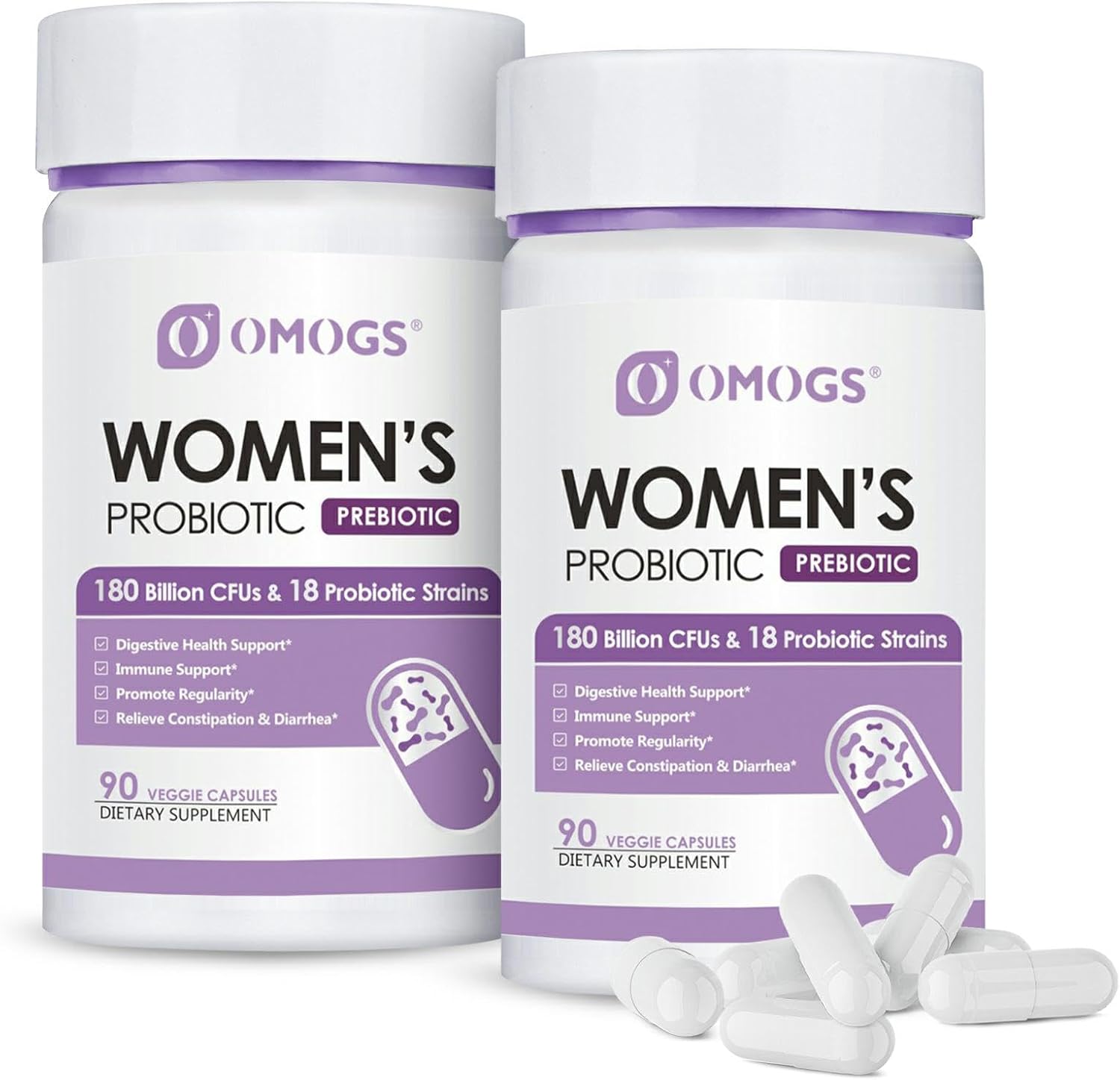 OMOGS 2PCS Women's Probiotic 180 Billion CFUs 18 Strains, with Prebiotics, Cranberry Extract, D-Mannose & Digestive Enzymes, for Digestive,Immune, PH Balance & Urethral Health, 180 Capsules
