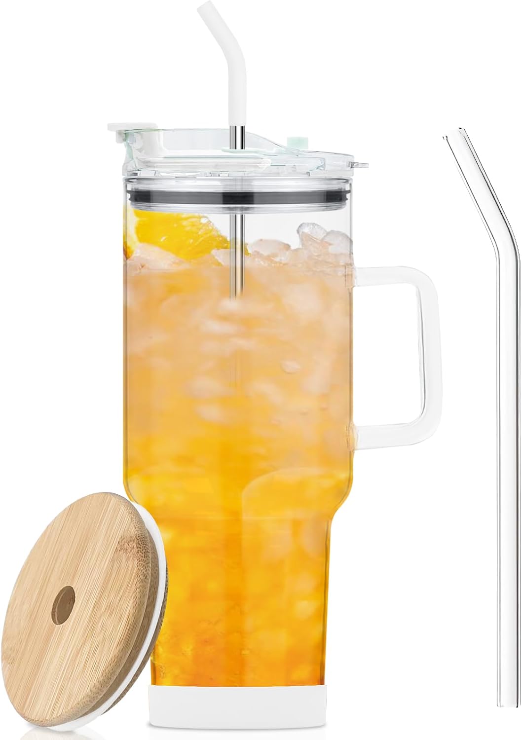 Glass Tumbler with Lid and Straws,40oz Glass Tumbler with Handle,Drinking Glasses with Silicone Coaster,Water Bottle,Smoothie Cups,Beer Cups,Ice Coffee Cup,Fits in Cup Holder-White