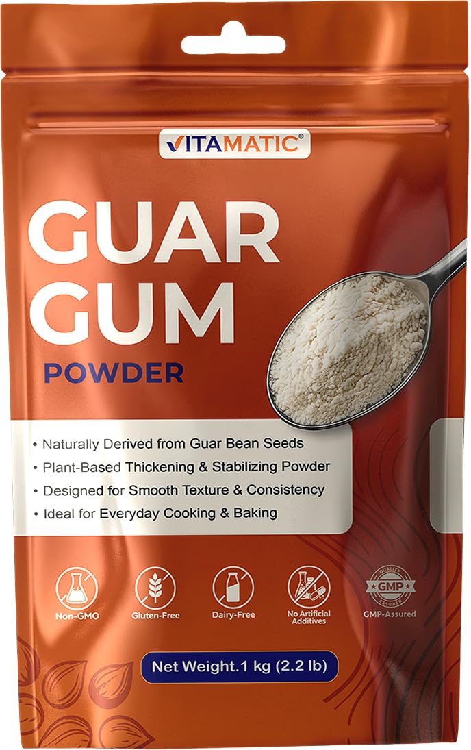 Vitamatic Guar Gum Powder 1 kg (2.2 lb) – Plant-Based Thickener & Stabilizer – Non-GMO, Gluten Free – Ideal for Baking, Cooking & Food Preparation