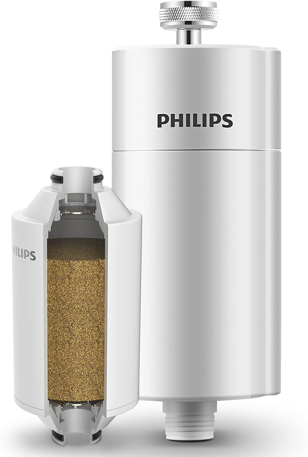 Philips Water in-Line Shower Filter and 1 Replacement Cartridge, 50 000 L Filtration Capacity, White, Reduces Chlorine by up to 99%, Easy to Install, fits All Standard Hoses and taps