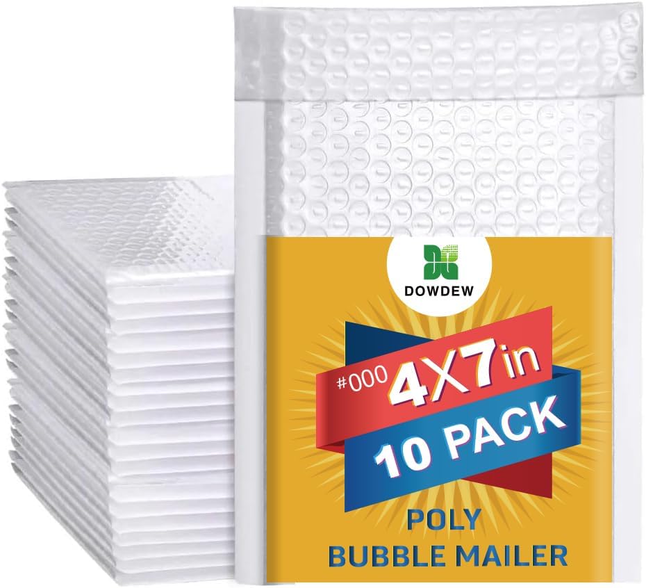 Water Resistant Bubble Envelope Mailers [10 Pack] 4 inch x 7 inch #000 White Poly Padded Shipping Envelopes Self Sealing Cushioned Packaging Bags