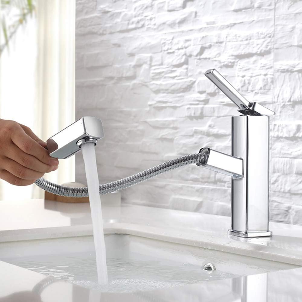 KAIYING Bathroom Sink Faucet with Pull Out Sprayer, Single Handle Basin Mixer Tap for Hot and Cold Water, Lavatory Pull Down Sink Faucet with Rotating Spout (Regular, Chrome)