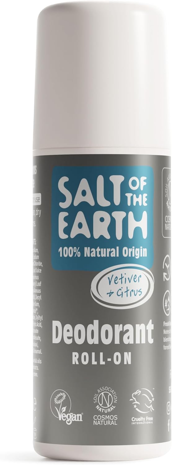 Salt of the Earth - Natural Deodorant Roll On for Men - Certified 100% Natural Origin Ingredients - Vegan, Long Lasting Protection, Leaping Bunny Approved - Made in the UK - Vetiver & Citrus - 75ml