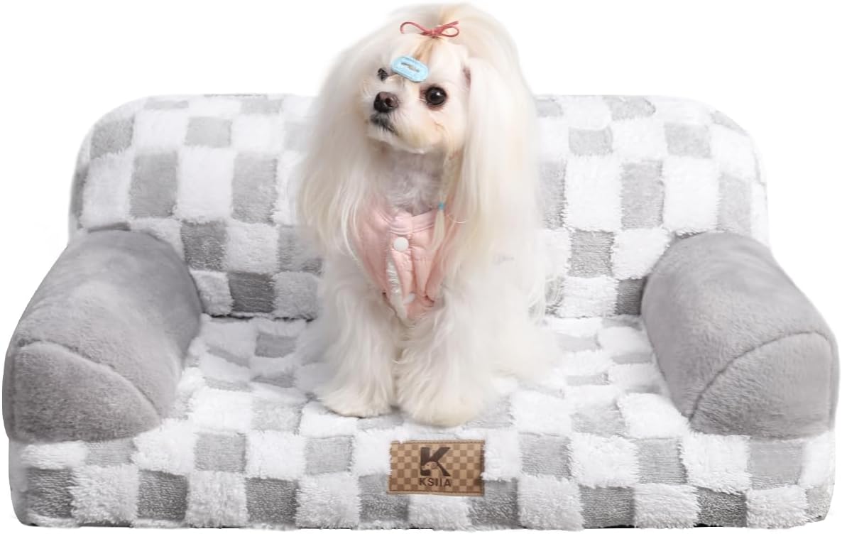 KSIIA Dog Bed Small Dog Beds Waterproof Cat Couch with Supportive Armrests for Puppy and Kitten Pet Couch Machine Washable Pet Sofa with Removable Cover & Anti-Slip Bottom, 26 x 14.5 in, Grey