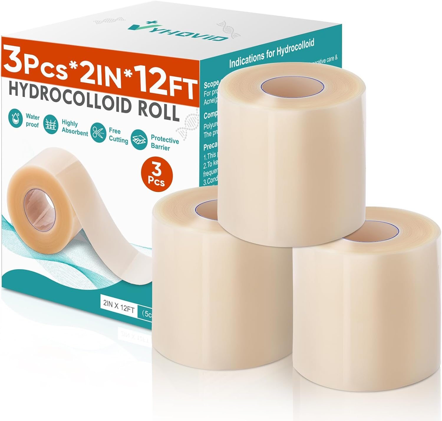 3Pcs Hydrocolloid Roll for Wound Care, Hydrocolloid Patch Bandages with Self-Adhesive, Bed Sore Bandages, Highly Absorbent for Burn, Blister, Acne Care, Waterproof (2in x 12ft x 3Roll)