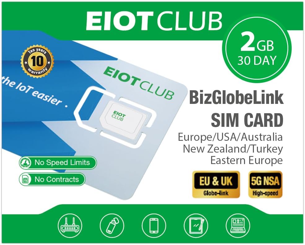 EIOTCLUB Prepaid SIM Card, 2GB/30 Days Data SIM, Use in Australia/New Zealand/Turkey/the USA & Europe, 5G/4G Speed International SIM Card, No Voice Calls or SMS, No Activation & Roaming Fees Required