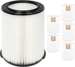 LAMPTOP 1 VF4000 Model Filter Element For Ridgid 5-20 Gallon & for Husky 6-9 Gallon, Removable and Washable, 5-Pcs VF3502 Model Dust Collection Shop Vac Bags For Ridgid 12-16 Gallon