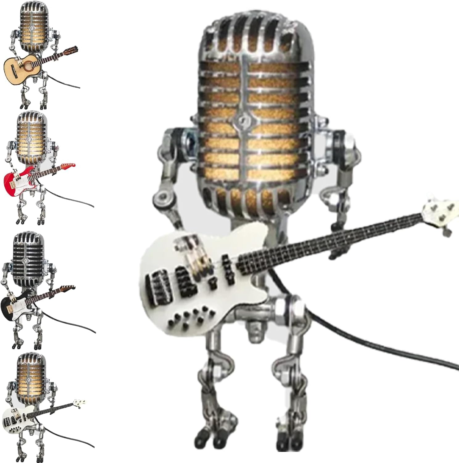 Nihexo Retro Style Metal Microphone Robot Desk Lamp with Mini Guitar (White)