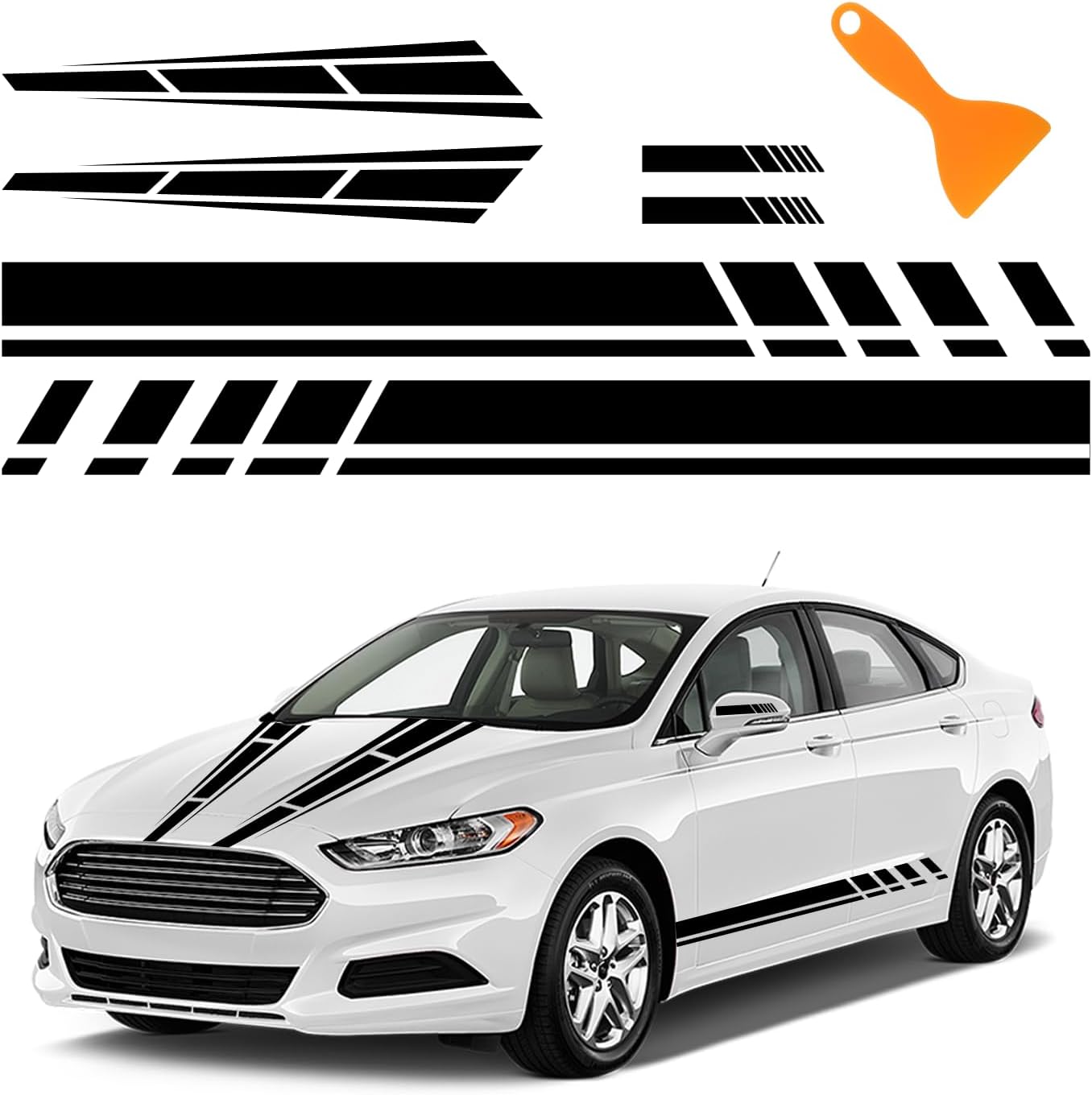 6PCS Racing Stripes for Cars - 2PCS Car Hood Decal + 2PCS Car Side Decals + 2PCS Car Mirror Stickers,Water-Resistant Stylish Car Decal Exterior Car Accessories for Car,Truck (Black)