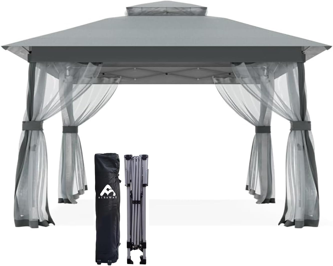 Auraway Outdoor Pop-Up Gazebo with Insect Screen & Dual-Layer Weatherproof Roof – Lightweight Gazebo for Camping, Beach Parties, Garden, and Backyard Events (Grey) (11x11)