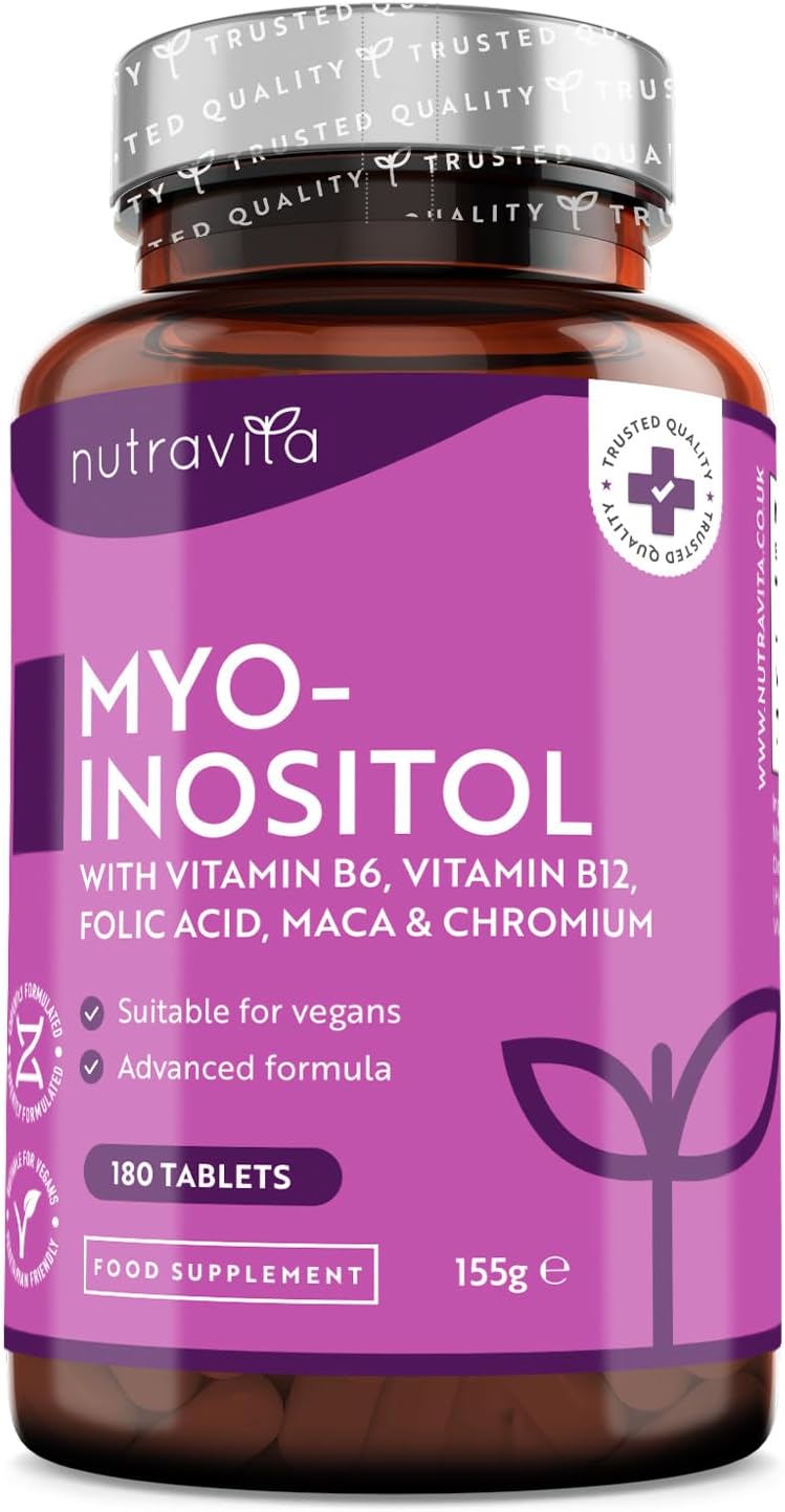 Myo-Inositol Tablets with Folic Acid, Vitamin B6, B12, Maca and Chromium - PCOS Support Supplement - 180 Vegan Tablets - Prenatal Vitamins for Women - Alternative to Inositol Powder - Nutravita