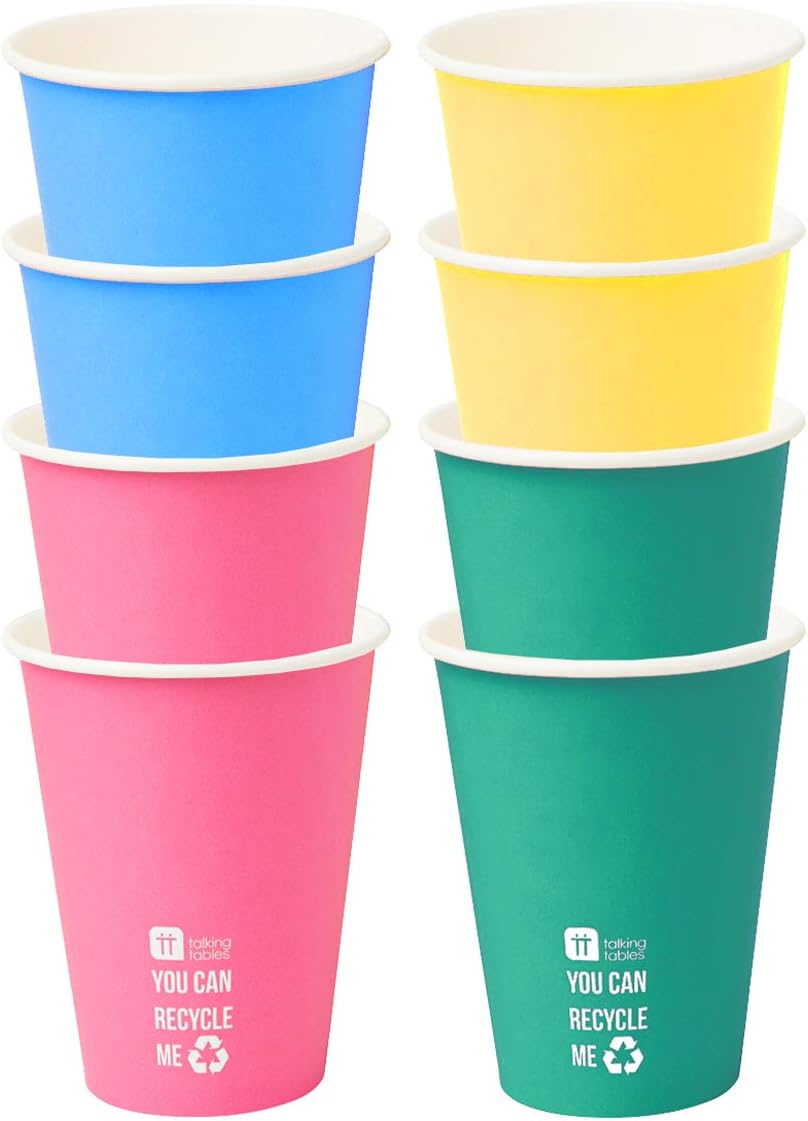 Talking Tables Colourful Disposable Paper Cups | Home Recyclable, | Eco-Friendly Party Supplies for Birthday, BBQ, Garden, Pink, Green Yellow Blue Pack of 8, RAINCUPBRIGHT, 8 Count (Pack of 1)