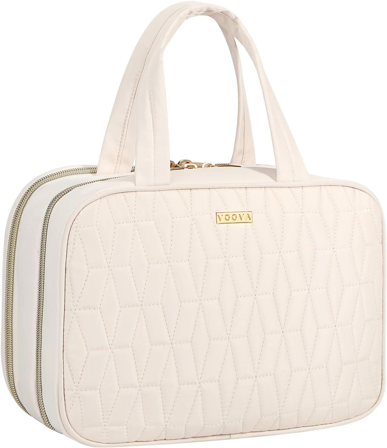 Voova Travel Toiletry Bag for Women, Hanging Wash Bag for Toiletries, Water-Resistant Ladies Cosmetic Makeup Bag Organiser for Traveling Essentials,Shampoo,Full Sized Container, Brushes Kit Set, Beige