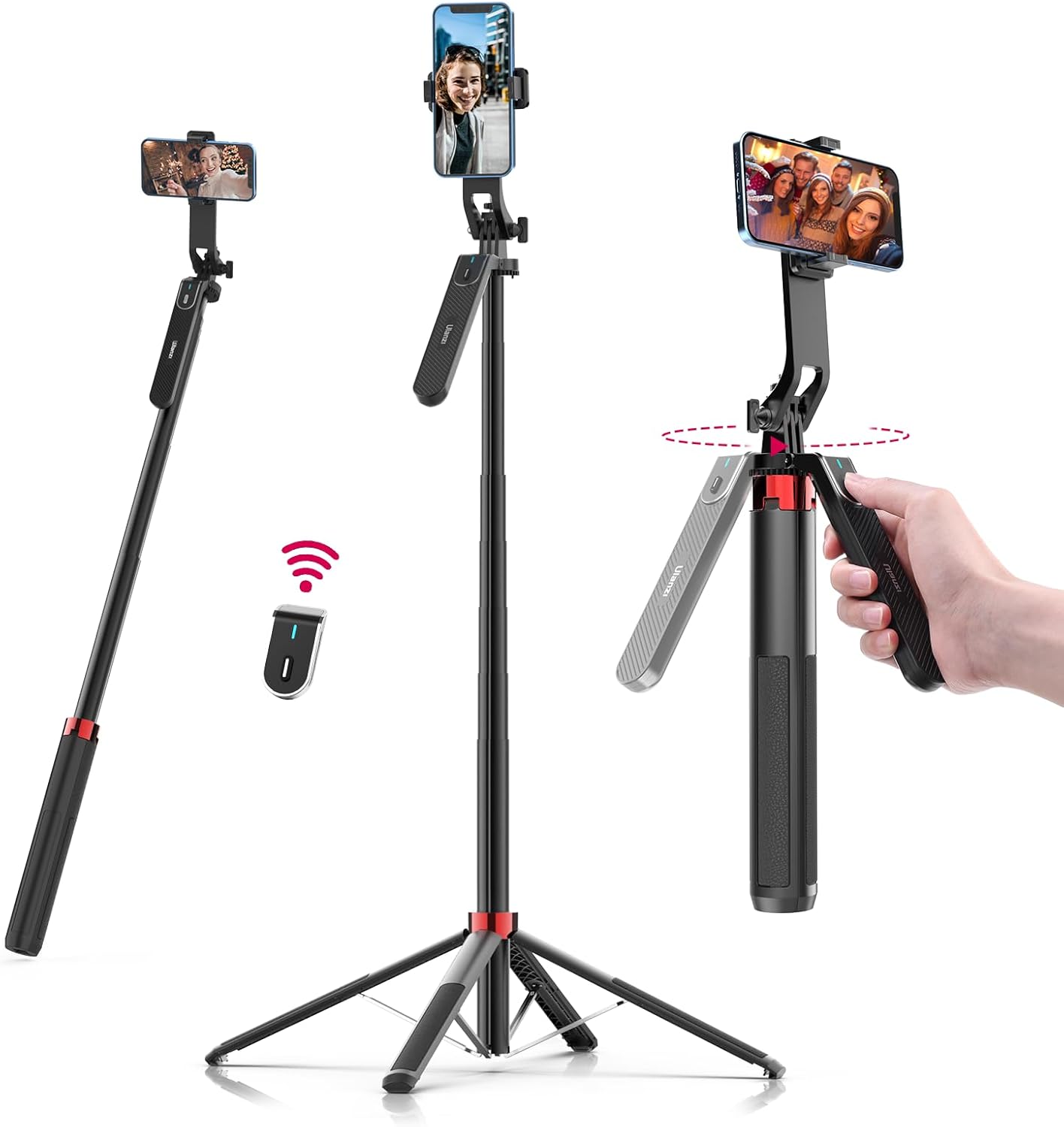 ULANZI MA09 Extendable Phone Tripod, 71" Selfie Stick Phone Vlog Tripod Stand Quadrapod with All in 1 Phone Clip, Travel Tripod Phone Holder with Rechargeable Remote for iPhone Sony Canon GoPro