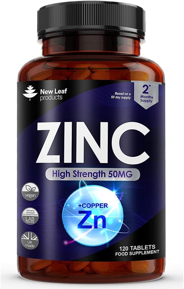 Zinc 50mg High Strength Tablets with Copper, Pure Zinc Supplements Contributes Towards The Immune System, Bone Health and Fertility, Vegan, Non-GMO, Made in UK by New Leaf 120 Tablets