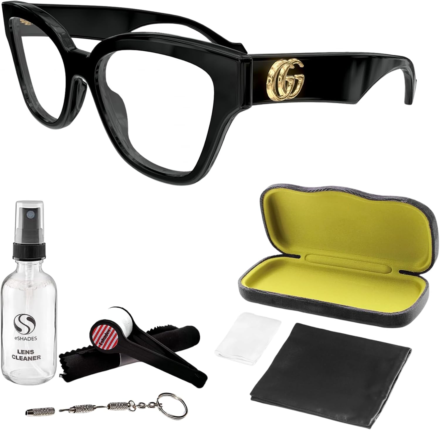 Gucci GG1424O Cat Eye Shape Eyeglasses - Palette Lettering Logo Eyewear with Luxury eSHADES Kit - Embrace Sophistication and Elegance