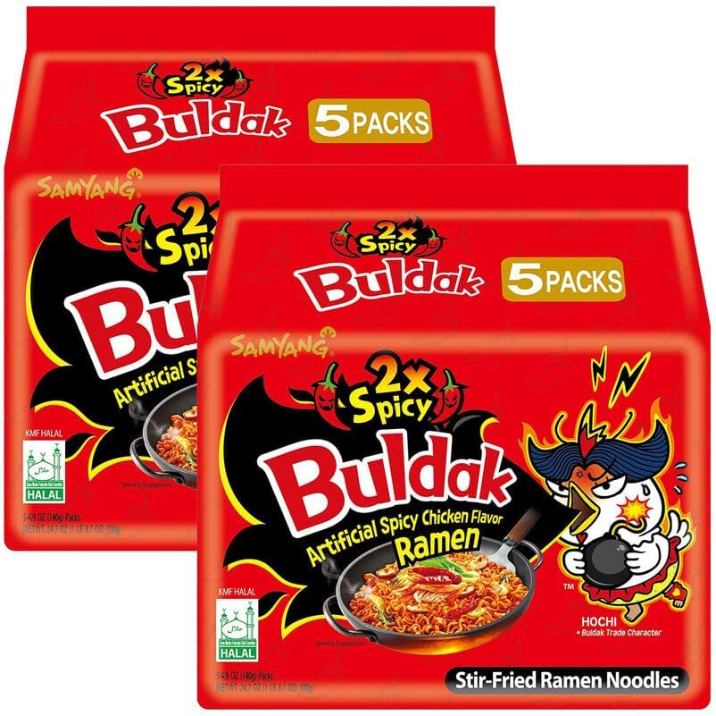 Samyang Chicken Ramen Noodles (140 x 5) Gram - Instant Korean Style Spicy Flavour - Quick & Delicious Instant Chewy Noodles (Pack of 2, Samyang 2xSpicy Noodles)