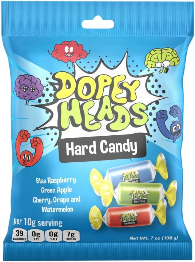 Dopey Heads | Hard Candy | HALAL | Assorted Hard Candy | Five Flavours | Blue Raspberry | Apple | Cherry | Grape | Watermelon | Pack of 1 | Weight 198g (7 oz) Each (Assorted Hard Candy)