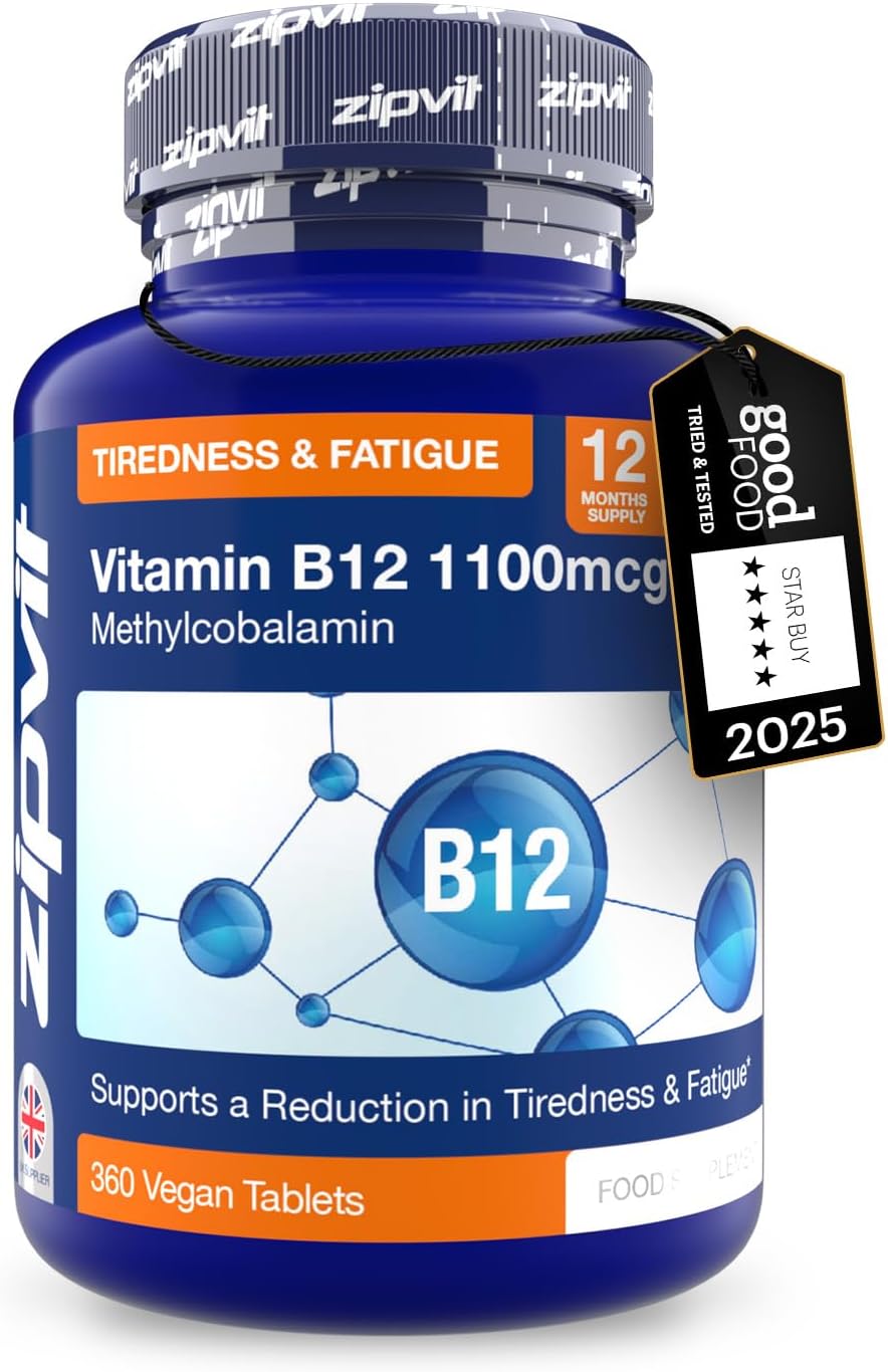 Zipvit Vitamin B12 Tablets High Strength 1100mcg, 1 Year Supply, Pure Methylcobalamin, 360 Vegan Tablets, Reduces Tiredness, Improves Energy, Supports Immunity