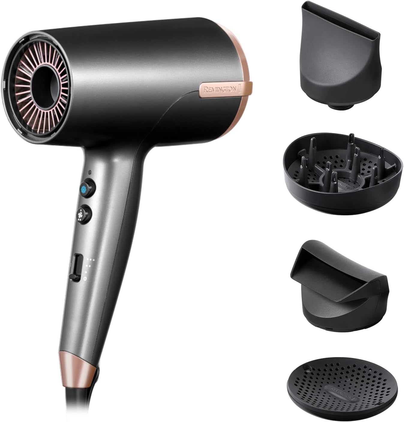 Remington ONE Dry and Style Hair Dryer (Salon Performance, 4 Attachments - Precision Styling (2 Diffusers, Flyaway, Slim Concentrator) - Compact, Dual Ionic System, 8 Heat Speed Settings, 2000W) D6077