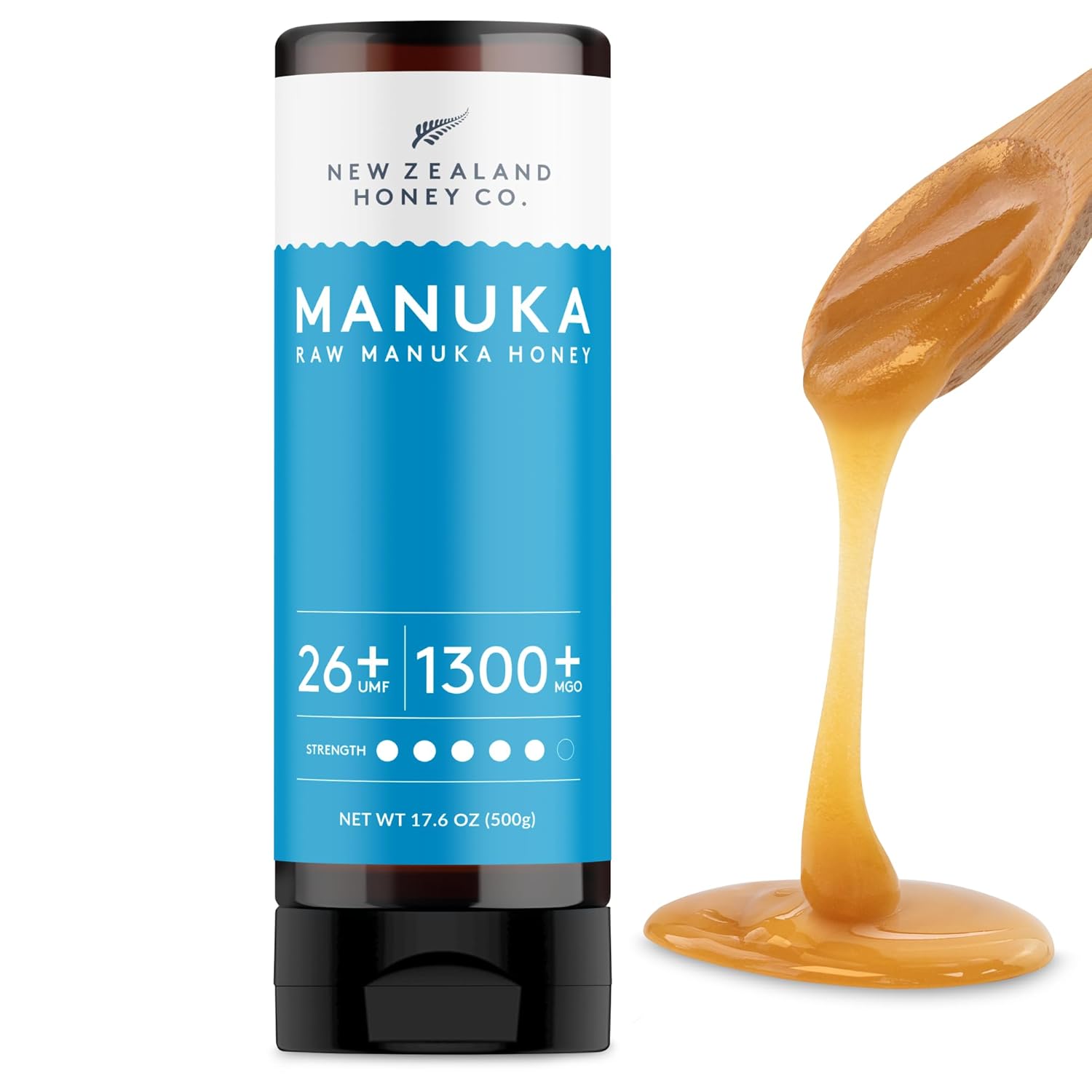 New Zealand Honey Co. Pure Manuka Honey Squeeze Bottle | Manuka Honey UMF 26+ / MGO 1300+ | 17.6oz | 1.1 lb. (500g)