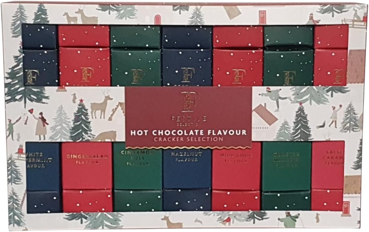 Festive Hot Chocolate Flavour Cracker Selection Gift Box – 6 Assorted Holiday-Inspired Flavours – Christmas Crackers with Hot Cocoa Sachets – Seasonal Treats Gift Set