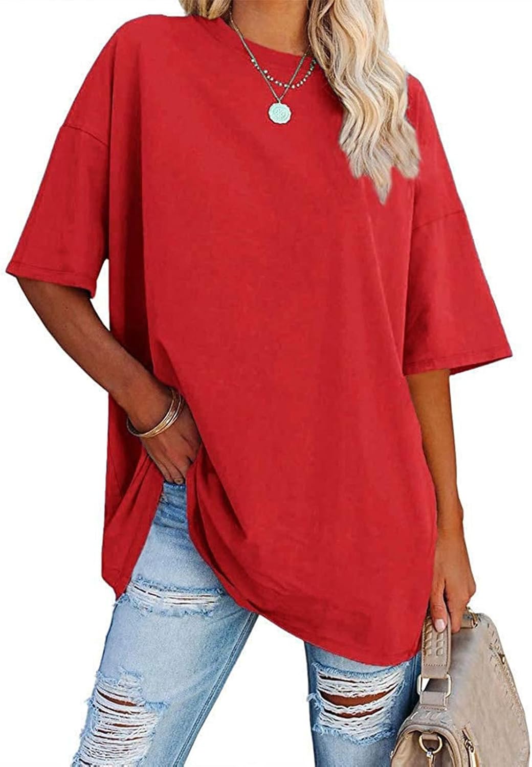 2025 Womens Oversized T Shirts Loose Fit Basic Tees Crewneck Short Sleeve Tops Summer Casual Tunic