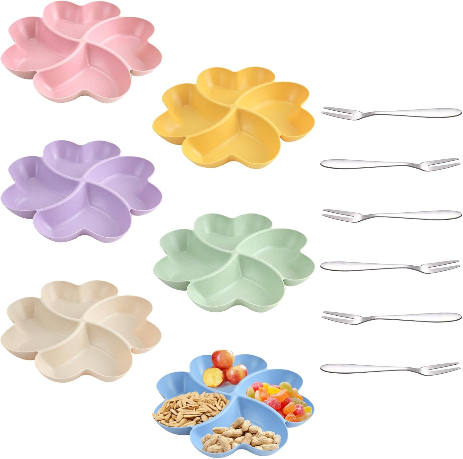 6pcs Snack Tray with 4 Compartments, Serving Platters for Parties with 6pcs Fruit Forks, Reusable Plastic Serving Tray Compartment Tray Platters for Snacks Fruit Party Food Appetizers Candy Desserts