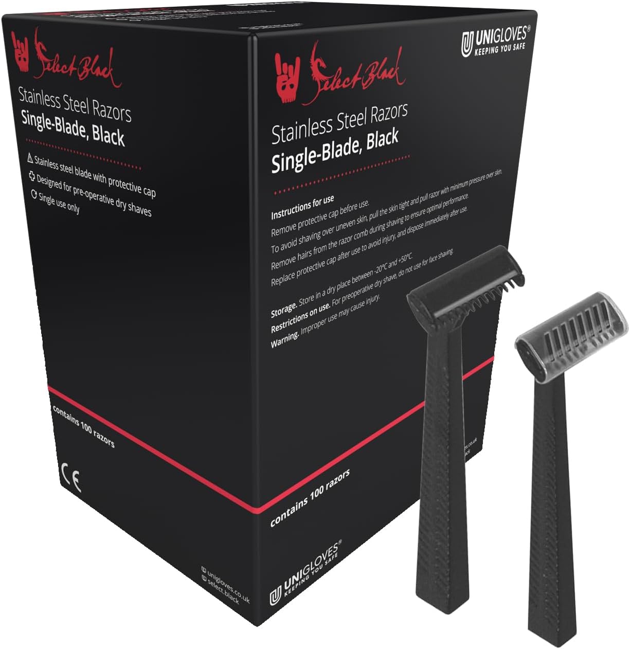 UNIGLOVES Disposable single blade black razor case of 10 packs (100 units per pack)