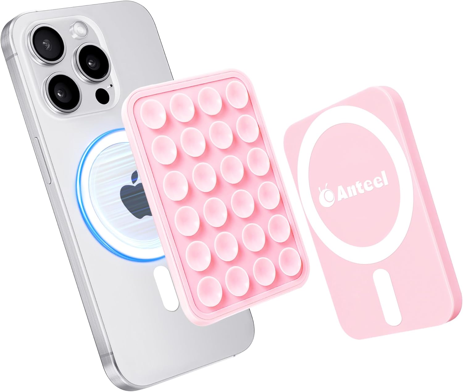 Anteel Silicone Grip Secure Mirror Shower Phone Holder for iPhone 16/15/14/13/12, Magnetic Suction Phone Mount for MagSafe Case, Hands-Free Selfie/Video for TikTok Creator/Influencer (Light Pink)
