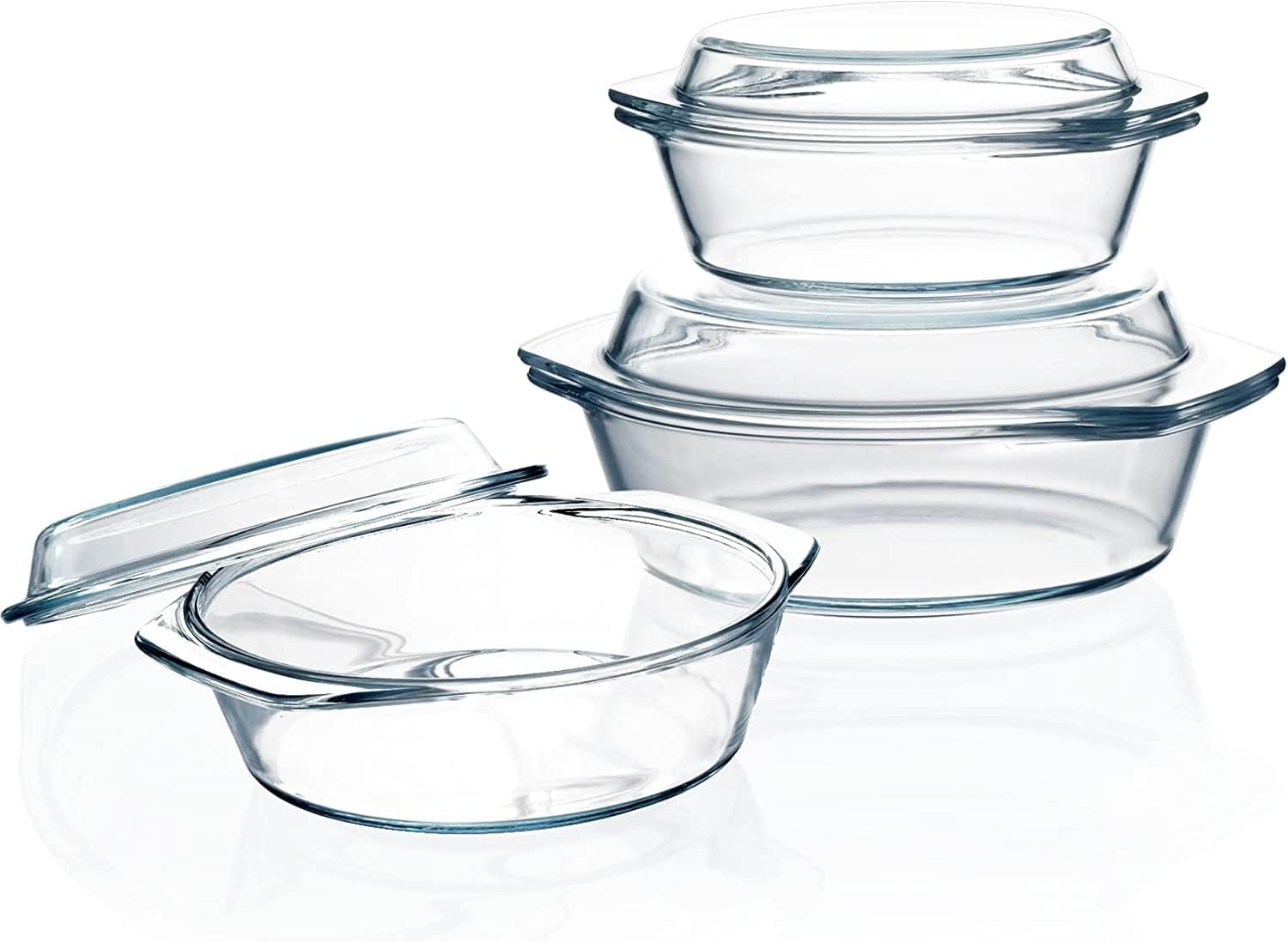 Glass Round Casserole Dish Set - 0.65L, 1L & 1.4L with Lids & Handles
