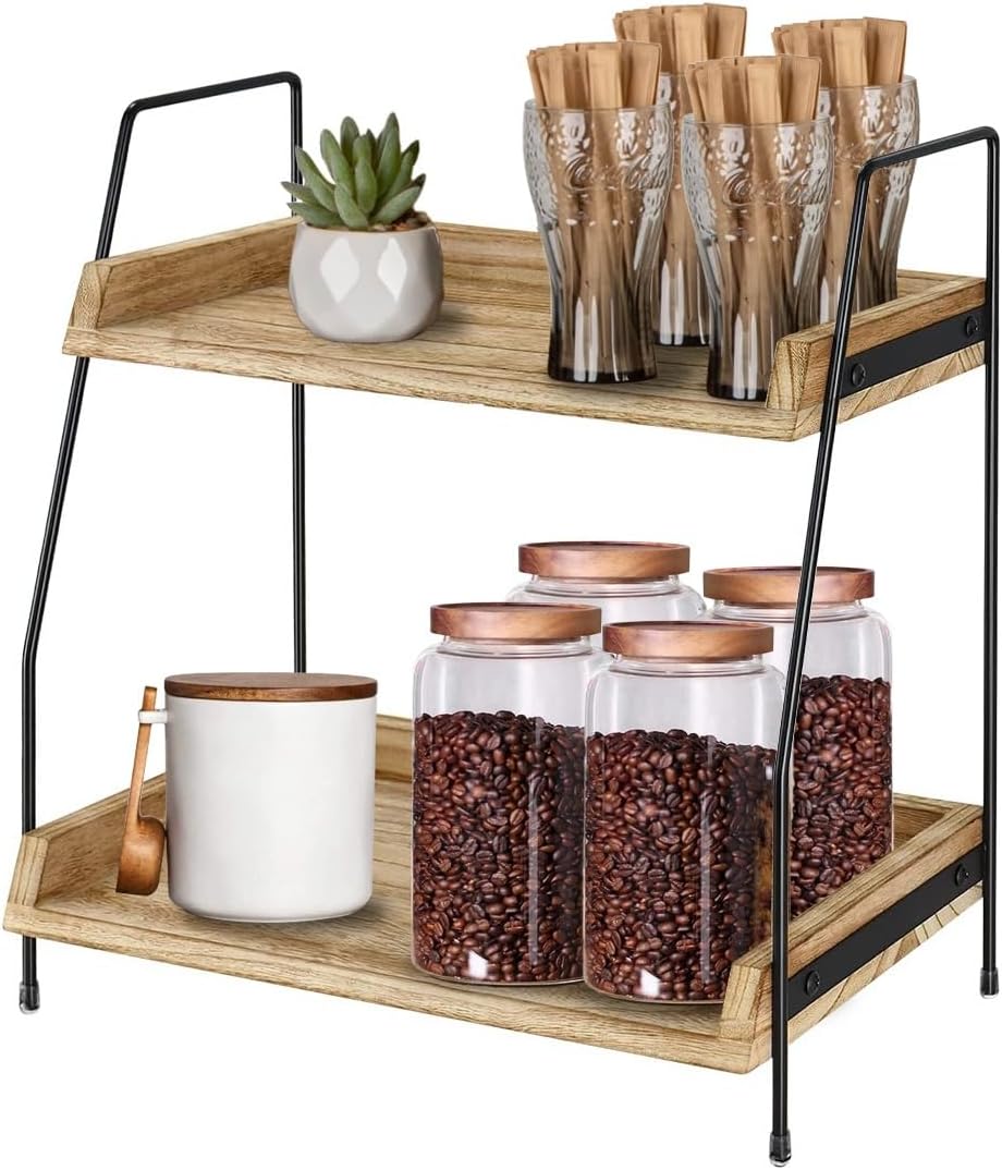 2 Tier Coffee Station Organizer for Countertop Coffee Bar Accessories and Organizer, Wooden Kitchen Counter Shelf Coffee Condiment Storage for Bathroom, Kitchen, Coffee Bar, Holiday Decorations