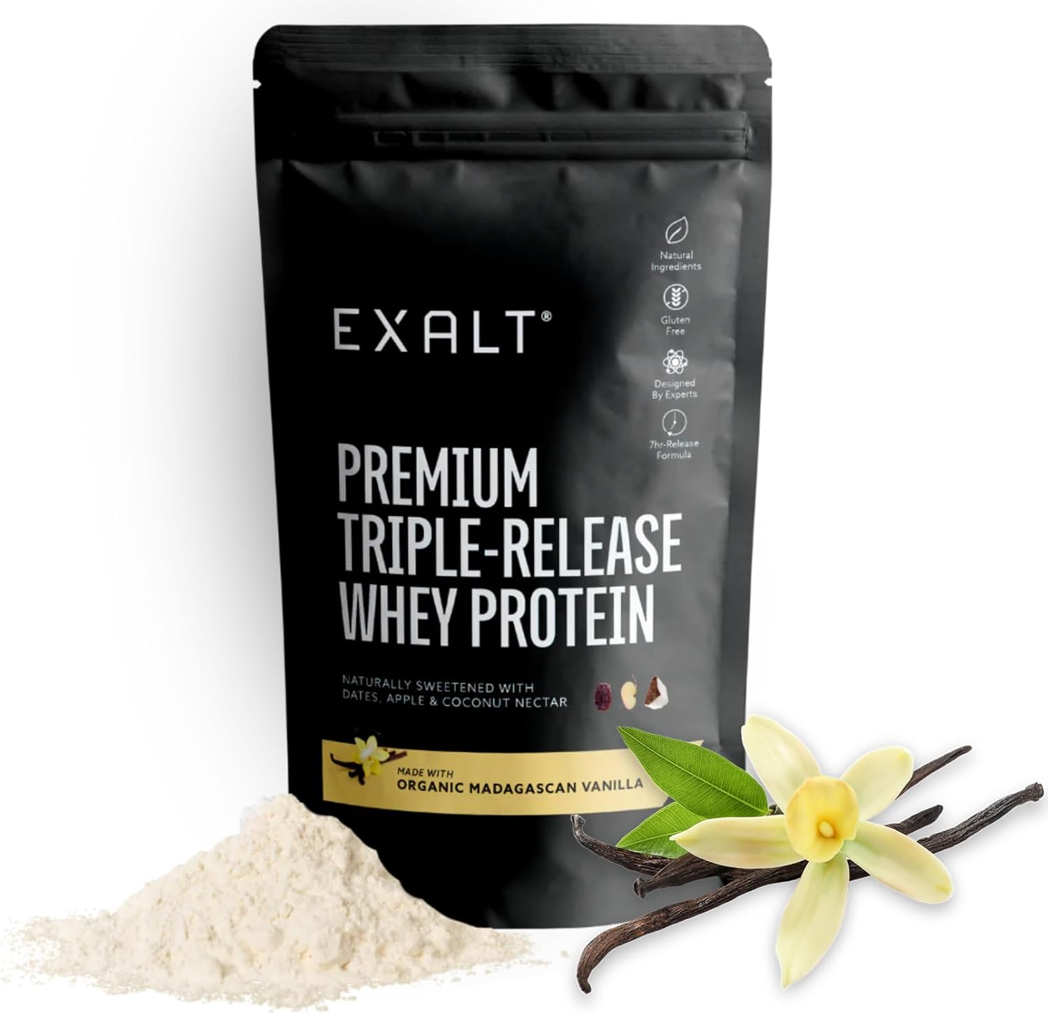EXALT Nutrition Premium Whey Protein Powder Vanilla – 7hr Triple-Release Blend with Grass Fed Whey, Free-Range Egg White & Micellar Casein – Madagascan Vanilla Flavor – 500g