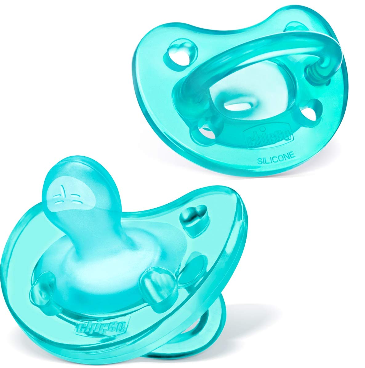 Chicco PhysioForma 100% Soft Silicone One Piece Pacifier for Babies Aged 0-6 Months | BPA & Latex Free | Reusable Sterilizing Case | Teal, 2pk