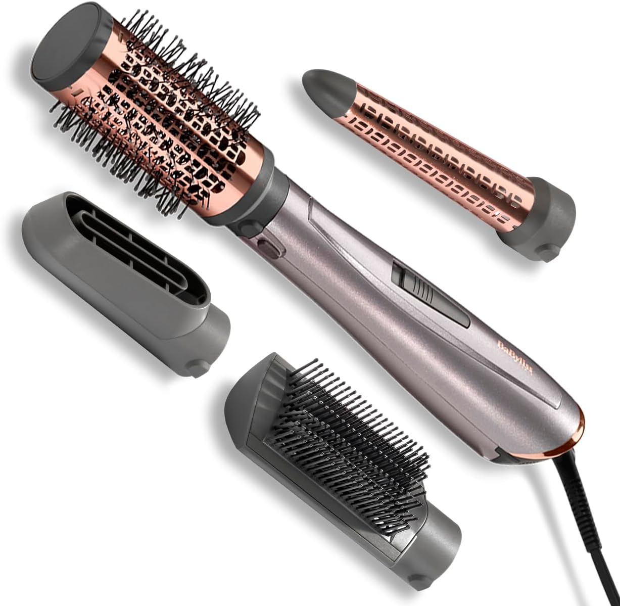 BaByliss Air Styler 1000W - All In One Hair dryer brush, Volumiser and Curler, Advanced Ionic Frizz-Control System, 4 Attachments, Copper/Grey, 2136U