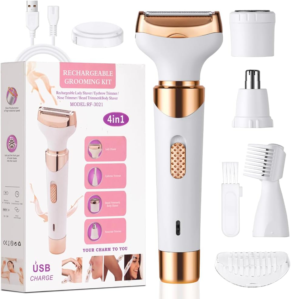 ACWOO Electric Lady Shaver, Cordless 4 in 1 Electric Shaver for Women, Rechargeable Painless Electric Razor Bikini Trimmer Wet and Dry Hair Removal for Face Legs Underarm Nose and Eyebrow (B)