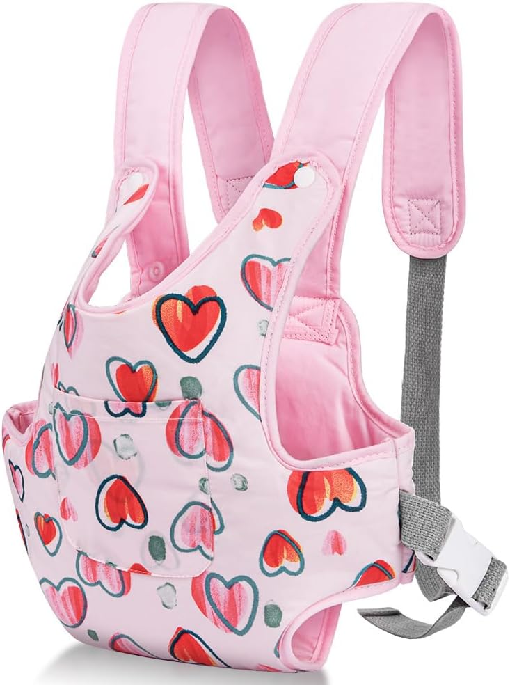 Aolso Baby Doll Carrier - Soft Cotton, Front & Back Carrying, Adjustable Straps for 14" to 18" Dolls (Pink)