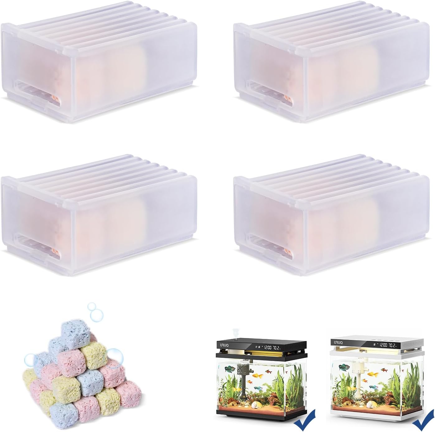 Aquarium Bio Filter Media Module: 4-Box Filtration Materials for Purify Water Quality Eliminate Odors - URUQ Fish Tank Filter Replacement